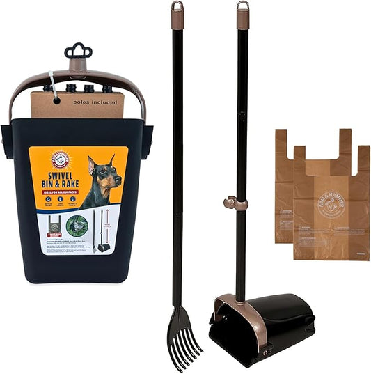 Arm & Hammer Dog Pooper Scooper Swivel Bin & Rake, Poop Scoop for Dogs, Black (2 Heavy Duty Scented Waste Bags Included)-PawvioPets