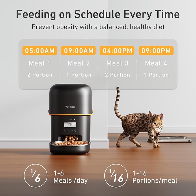 Automatic Cat Feeder - 2L Cat Food Dispenser, Timed Auto Pet Feeder with 180-day Battery Life, 1-6 Meals Per Day, 1-16 Portion, Desiccant Bag Keeps Dry Food Fresh, Also for Small Dogs-PawvioPets