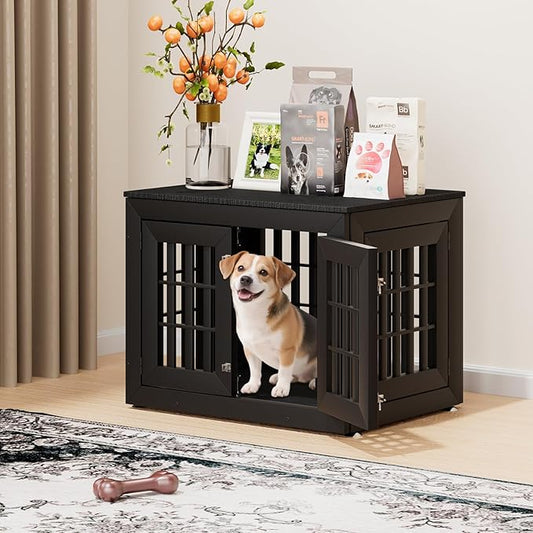 32" Heavy Duty Dog Crate Furniture for Small,Medium and Large Dogs,Rustic Wooden Dog Cage Kennel Indoor Furniture with Waterproof Top,Decorative Pet House Side End Table (Black)-PawvioPets