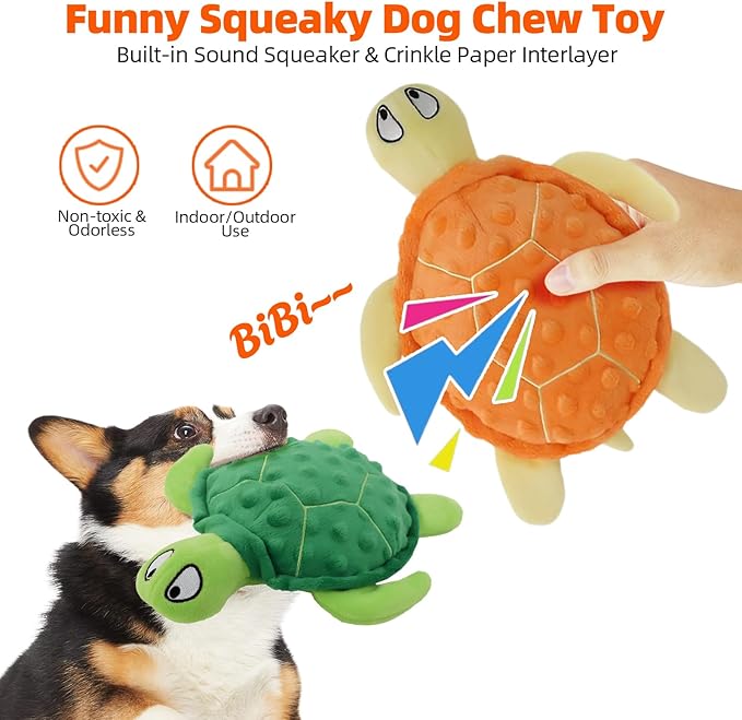Adpartner Squeaky Toys for Dogs, 2 Pack Turtle Dog Toy Plush Crinkle Dog Toys to Keep Them Busy, Interactive Squeak Stuffed Pet Chew Toys for Small to Medium Dogs Teething Training Reduce Boredom-PawvioPets