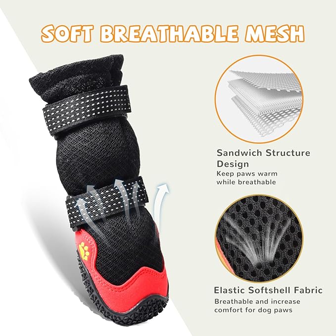 Dog Shoes for Medium Large Size Dogs, Breathable Dog Shoe for Hot Pavement, Dog Booties and Paw Protectors to Prevent Licking, Anti-Slip Dog Boots with Reflective for Summer, Hiking, Snow (Size 4)-PawvioPets