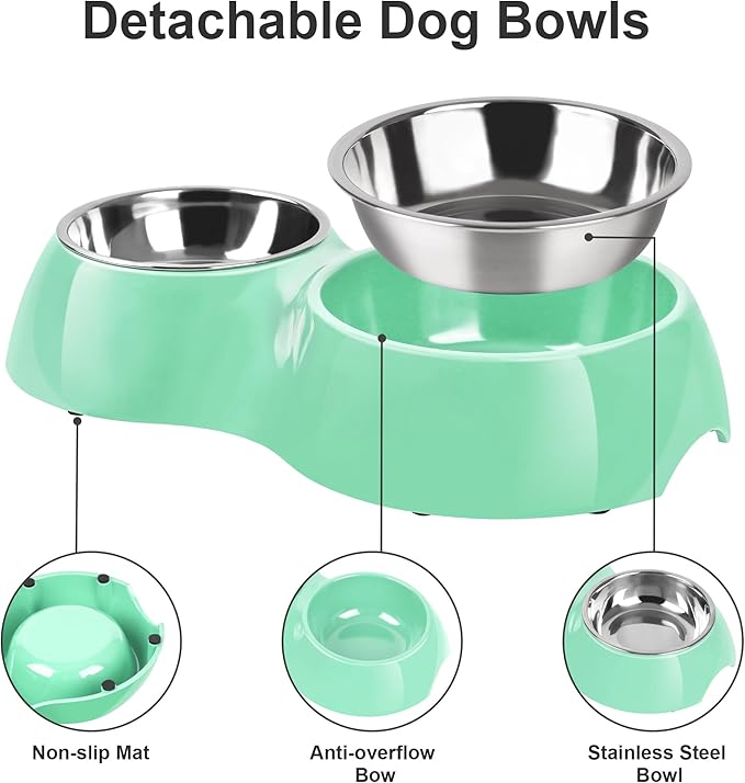 Elevated Dog Bowls Set - Non-Slip Raised Pet Feeder with Medium (2 Cups) & Large (4 Cups) Stainless Steel Bowls - Includes Durable Resin Stand for Puppies, Adult Dogs & Cats - Green-PawvioPets
