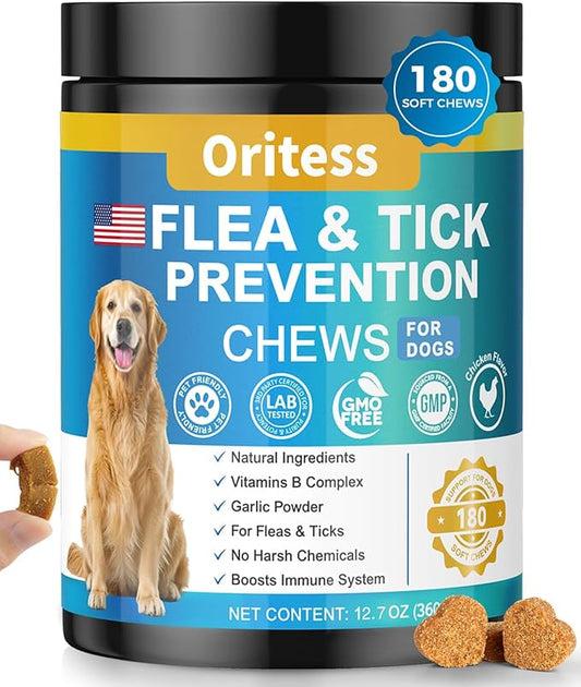 Flea and Tick Prevention for Dogs, 180 Soft Chews Natural Dog Flea and Tick Chewables Oral Flea Supplement for Dogs, Puppy Flea Support - All Breeds & Ages - Chicken Flavor-PawvioPets