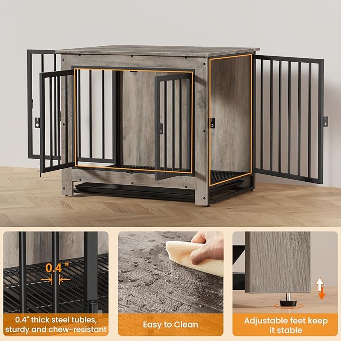 Dog Crate Furniture, Dog Crate End Table for Small and Medium Dogs,Wooden Cage Kennel Furniture Indoor, Modern Dog Crate with Multi-Purpose Removable Tray, Double-Doors Dog Furniture, Greige-PawvioPets