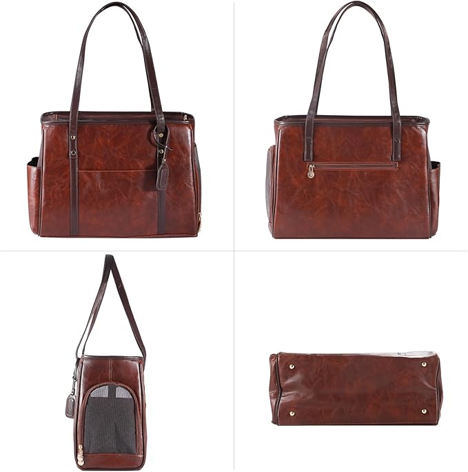 Fashion Dog Carrier Purse, Premium Leather Cat Carrier Bag, Airline Approved Soft Sided Pet Travel Tote Bag with Pockets Coffee-PawvioPets