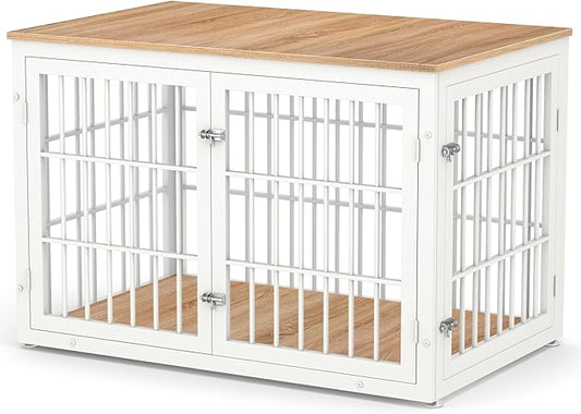 48 Inch Heavy Duty Dog Crate Furniture for Large Dogs, Decorative Pet House End Table, Extra Large Wooden Cage Kennel Furniture Indoor, Natural and White-PawvioPets