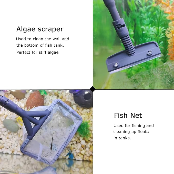 AQUANEAT 6 in 1 Fish Tank Cleaning Tools, Aquarium Cleaner Set with Adjustable Handle, Including Algae Scraper, Sponge Pad, Fish Net, and Brush-PawvioPets