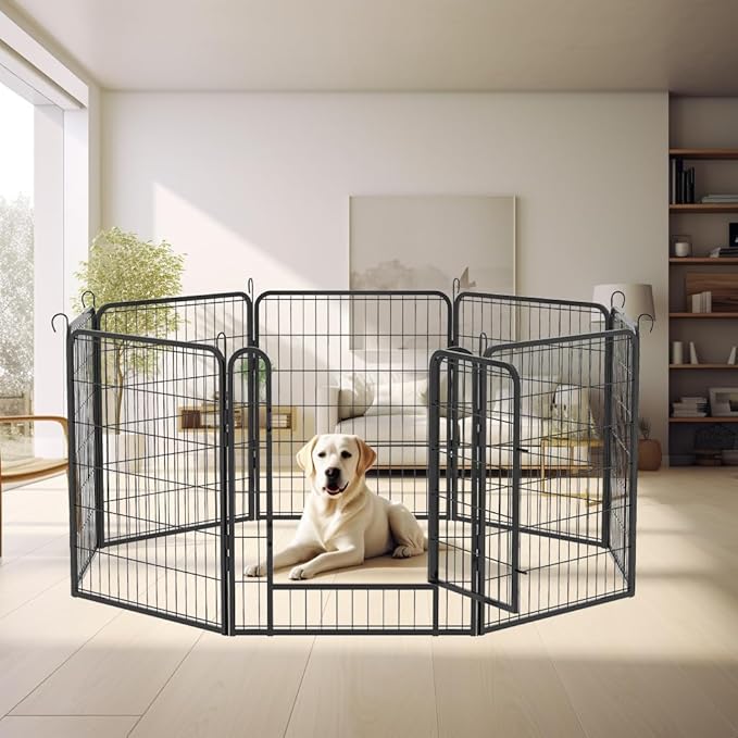 Dog Playpen, Outdoor Dog Fence, 8 Panels, 32" H Dog Pen for Medium/Small Dogs, Heavy Duty Metal Pet Fence with Gate, Portable Dog Fence for RV Camping and Yard (Black)-PawvioPets