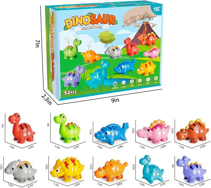 52 PCS Dinosaur Alphabet Learning Toys for Toddlers Kids 3-5, 10 Different Dinosaur Figures, Double Sided ABC Matching Game, Preschool Activities Montessori Fine Motor Toys for Toddlers Kids-PawvioPets