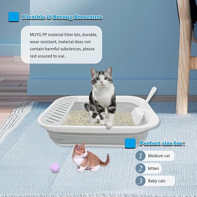 Collapsible Cat Litter Box,Open Potty Pan Cat Toilet Foldable Portable Cats Litter Box Travel Litter with Scoop,Waterproof Low Entrance for Kitten and Cat Toilet Easy Clean 17.7"×13.4"x4.9"(Grey)-PawvioPets