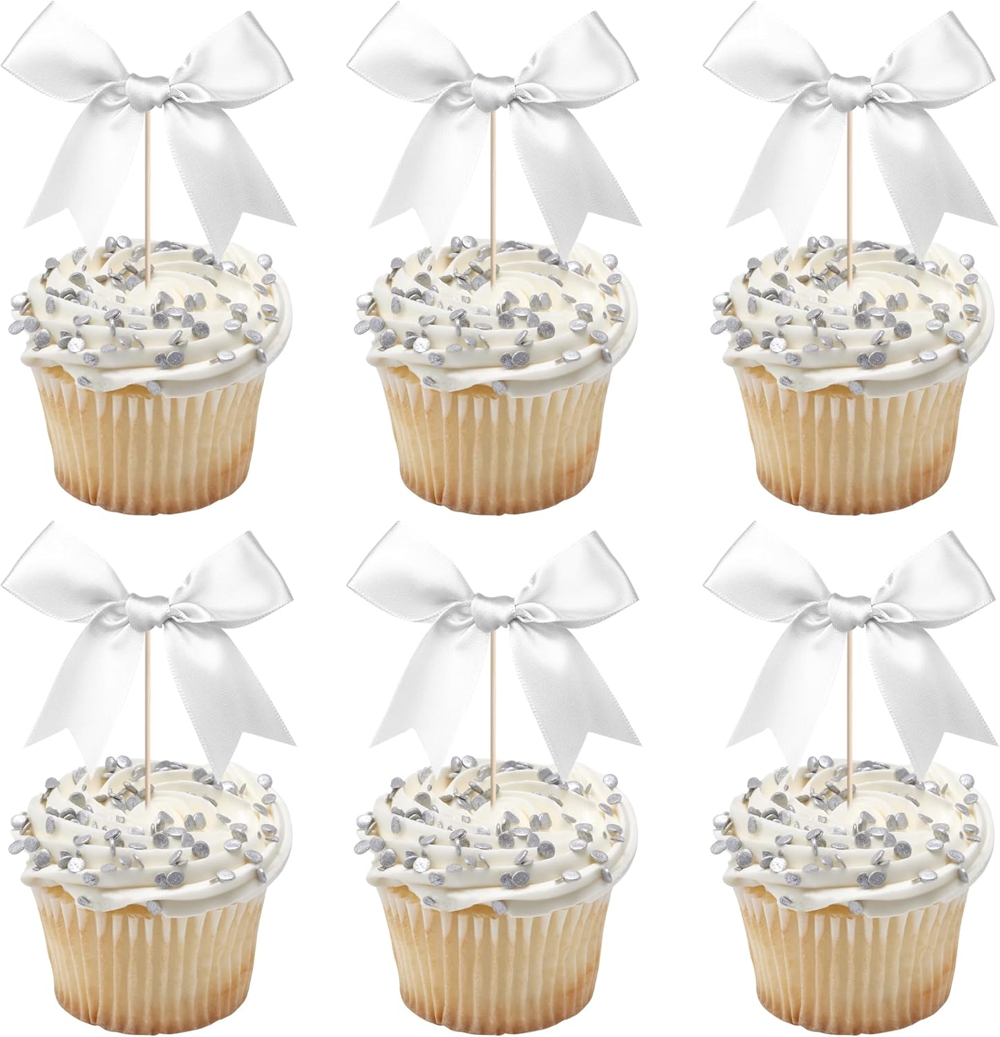 24 PCS Bow Cupcake Toppers Bow Cupcake Picks Bowknot Birthday Party Decorations Bowknot Cake Dessert Picks for Baby Shower Birthday Wedding Bridal Engagement Party Cake Decorations Supplies Silver