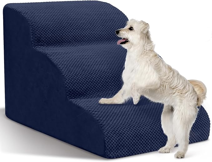 Dog Stairs for Small Dogs - High Density Foam Pet Steps, Extra Wide Dog Ramp with Non-Slip Bottom for High Beds, Couch and Sofa, Best for Dogs Injured, Older Doggy Cats, 3 Steps, Navy-PawvioPets
