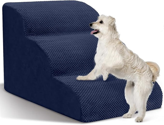 Dog Stairs for Small Dogs - High Density Foam Pet Steps, Extra Wide Dog Ramp with Non-Slip Bottom for High Beds, Couch and Sofa, Best for Dogs Injured, Older Doggy Cats, 3 Steps, Navy-PawvioPets