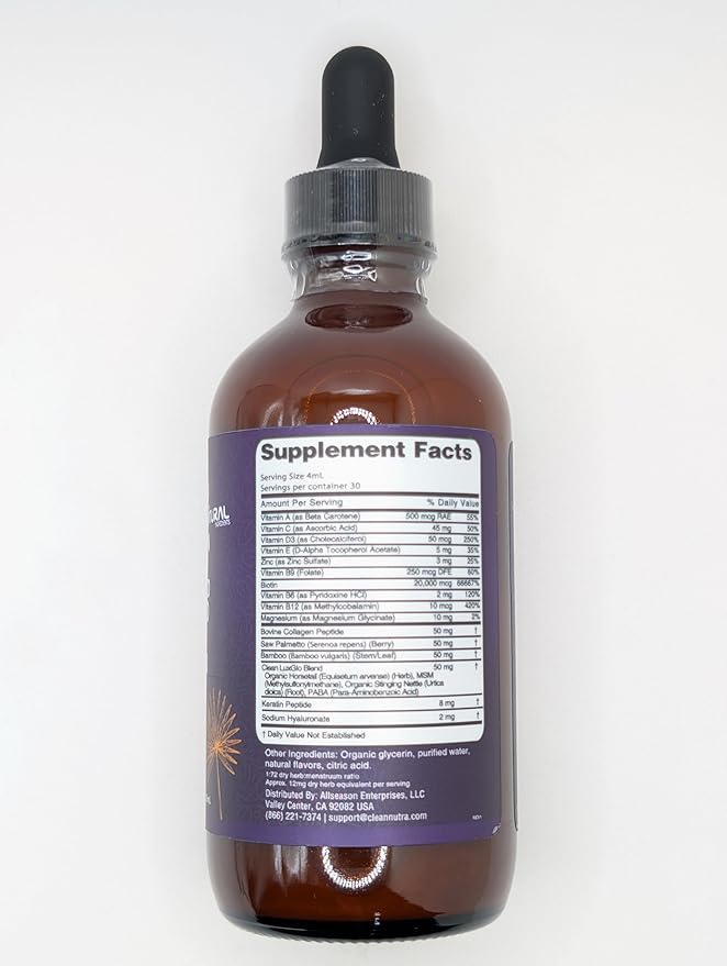 Biotin Liquid Drops Collagen Keratin Hyaluronic Acid Saw Palmetto for Hair Skin and Nails Silica Vitamin A C Vitamin D Bamboo Turmeric Zinc Folate Magnesium Horsetail LuxGlo by Clean Nutra-PawvioPets