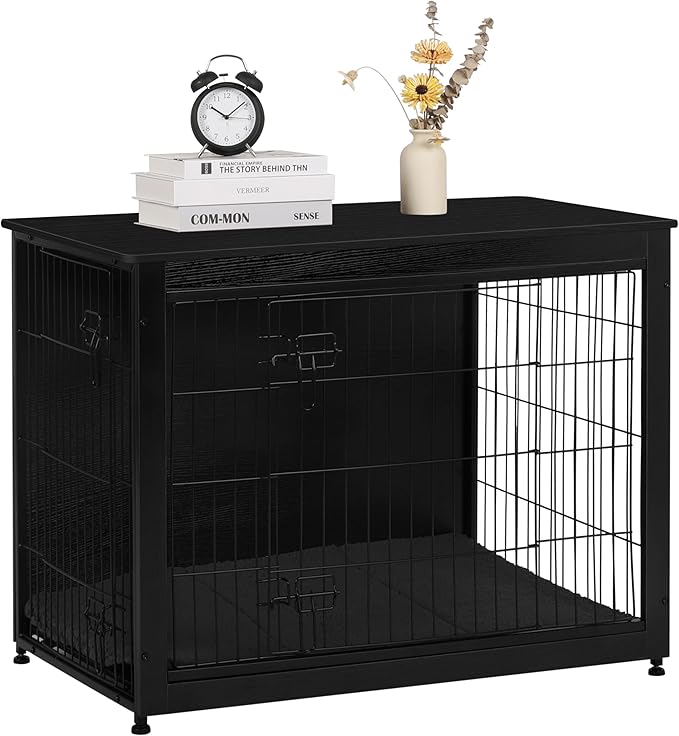 DWANTON Dog Crate Furniture with Cushion, Wooden Kennel Table with Double Doors, Indoor Dog House, Large Size, 38.5" L, Black-PawvioPets