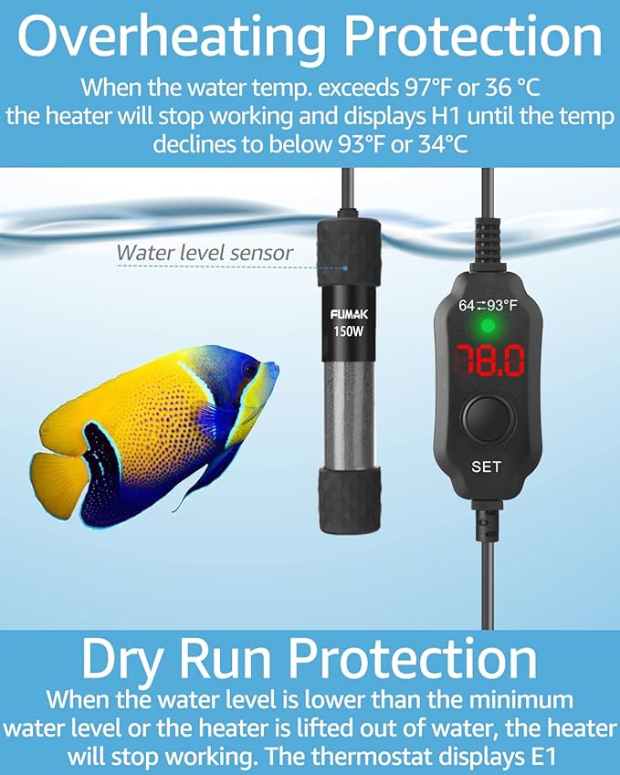 150W Adjustable Aquarium Heater Super Short Submersible Fish Tank Heater Fish Heater with LED Digital Display Thermostat, for Tanks 15-30 Gallons-PawvioPets