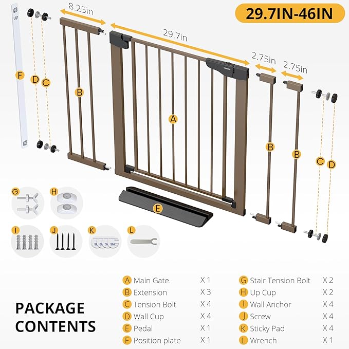 Cumbor 29.7-46" Baby Gate for Stairs, Mom's Choice Awards Winner-Auto Close Dog Gate for the House, Easy Install Pressure Mounted Pet Gates for Doorways, Easy Walk Thru Wide Safety Gate for Dog, Brown-PawvioPets
