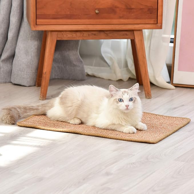 FUKUMARU Cat Scratcher Mat, 23.6 X 15.7 Inch Natural Sisal Cat Scratch Mats, Horizontal Cat Floor Scratching Pad Rug with Sticky Tapes, Protect Couch and Carpets-PawvioPets