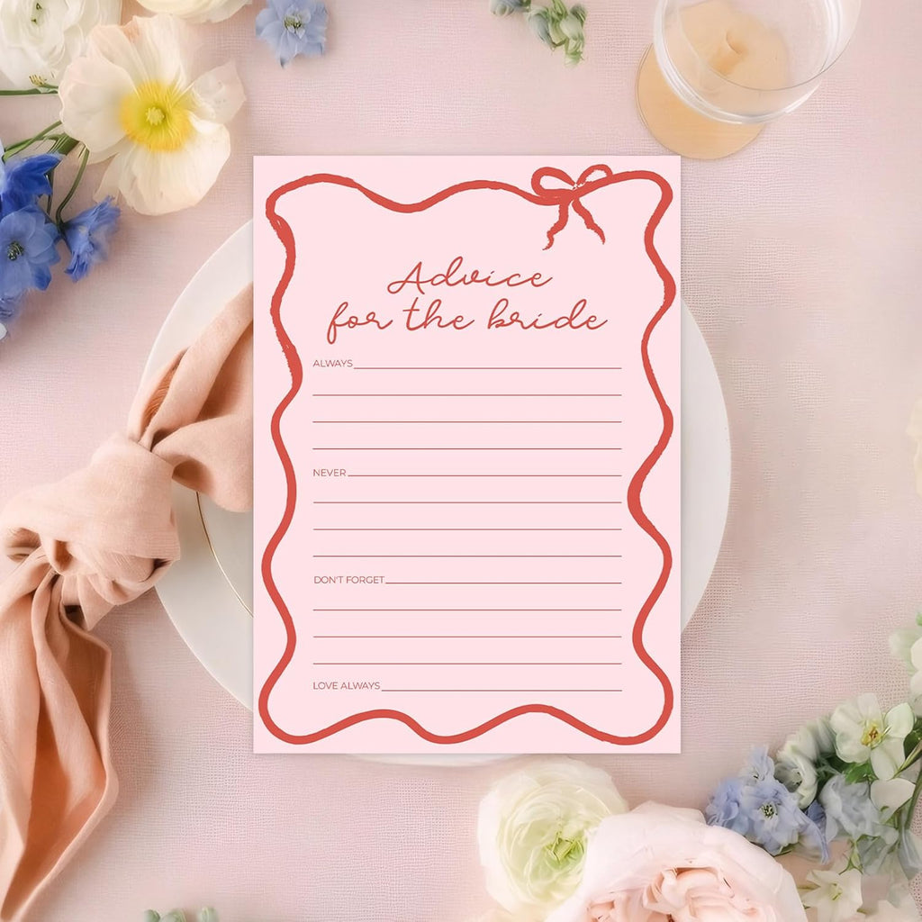DEEKA 30 PCS Bridal Shower Games Card for 30 Guests Pink Wavy Border Ribbon Bow Funny Wedding Bachelorette Party Games for Reception (Advice for The Bride)