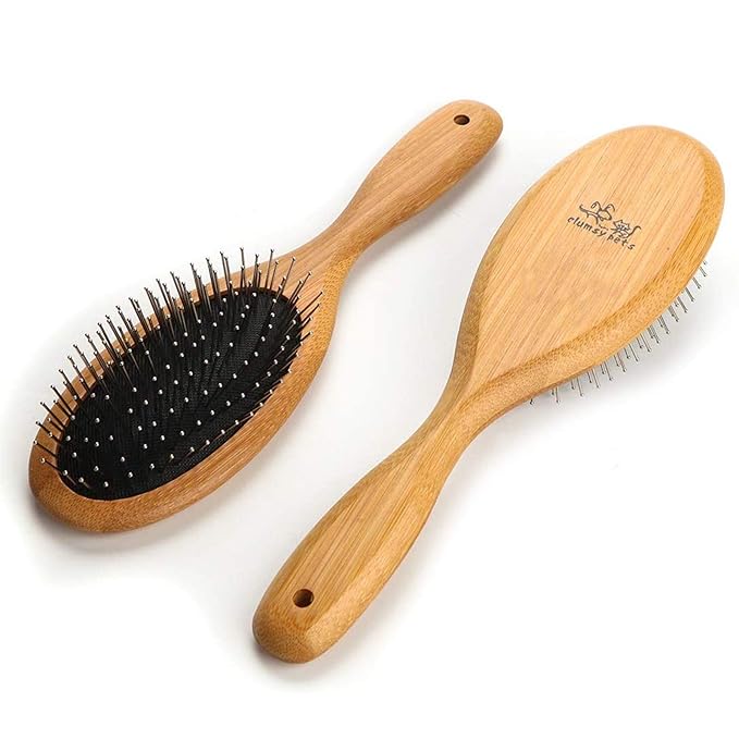 ClumsyPets Dog & Cat Ball Pin Slicker Grooming Brush with Bamboo Handle for Pets Massage Bath and Removes Mats Loose Fur Hairs-PawvioPets