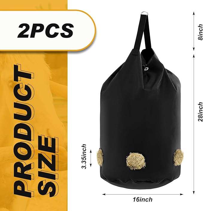 2 Pcs hay Bags for Horses Goats Slow Feed 1680D Oxford Bag Black Large Capacity Net Open Feed Hole Hay Holder for Horse Goats Sheep(5 Holes)-PawvioPets