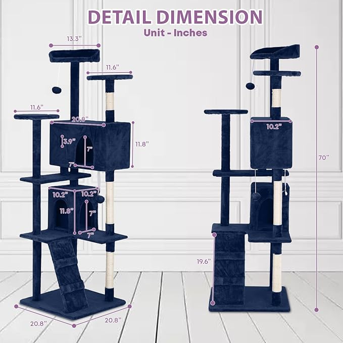 70 Inches Multi-Level Cat Tower for Indoor Cats - XL Tree Climbing Condo With Scratching Posts and Hanging Toys, Navy Blue-PawvioPets