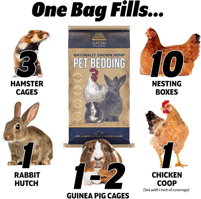Eaton Pet and Pasture, Naturally Grown Hemp Pet Bedding for Chickens, Nesting Boxes, Rabbits, Hamsters, Small Pets, Highly Absorbent, Hypoallergenic, Eco-Friendly, Farmer Owned 28L-PawvioPets