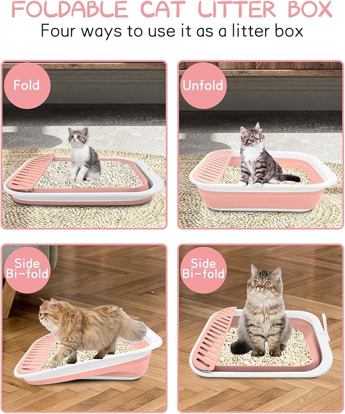 BNOSDM Senior Cat Litter Box Low Entry Kittens Travel Litter Box with Scoop Open Collapsible Shallow Cats Potty Pan Foldable Pet Toilet for Sick Disabled Older Elderly Cats Pink-PawvioPets