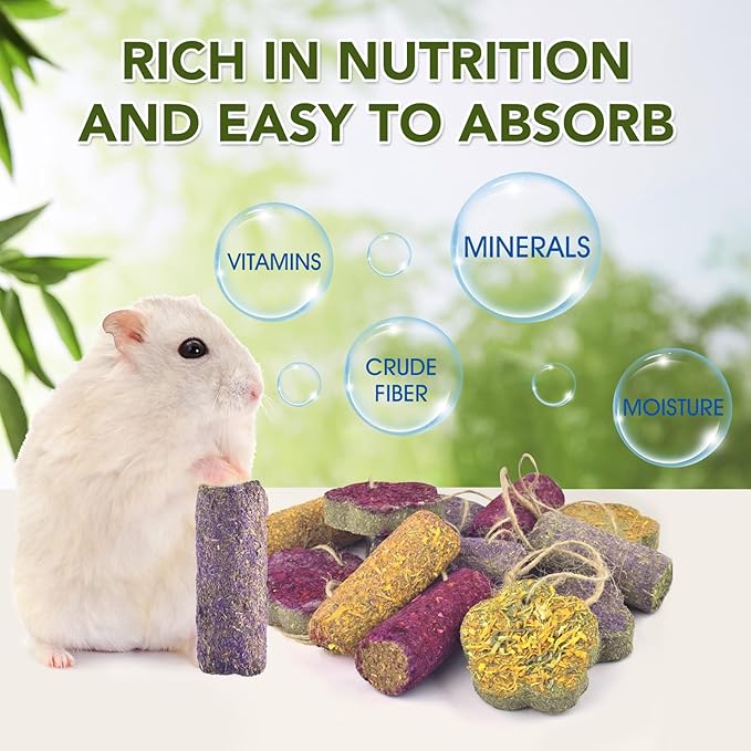 12PCS Rabbit Chew Sticks, Hanging Chew Sticks & Cakes Timothy Hay Rose Chrysanthemum Treat for Bunny Chinchilla Guinea Pig Hamster and Other Small Pets Molar Snack Toy-PawvioPets