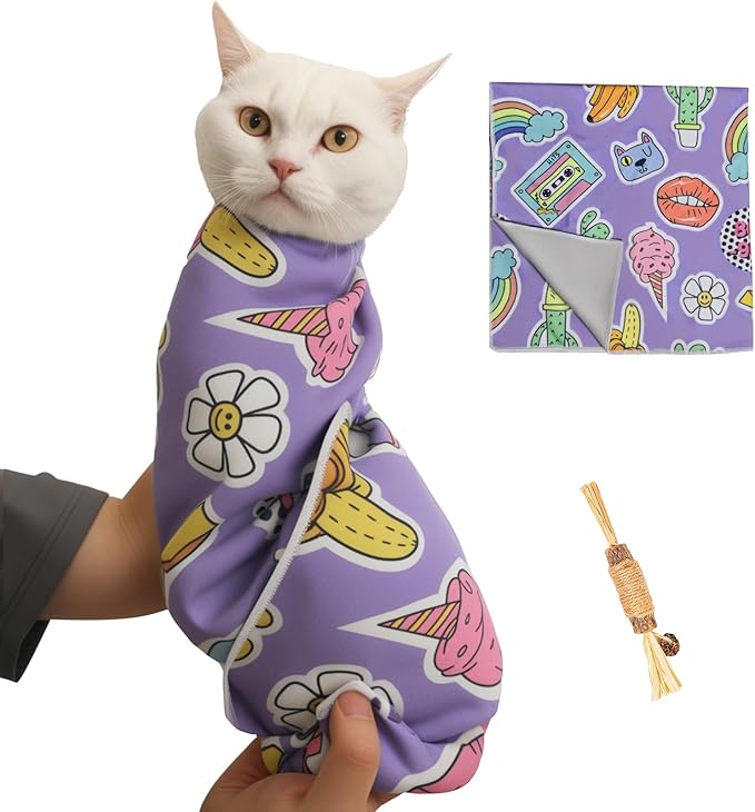 27.6" Cat Grooming Wrap,Self-Adherent Cat Wrap for Cutting Nails,Anti-Escape Cat Swaddle Wrap,Multifunctional Anti-Scratch Cat Restraint Wrap for Medicine,Nail Clipping,Ear Cleaning(Within 15lbs)-PawvioPets