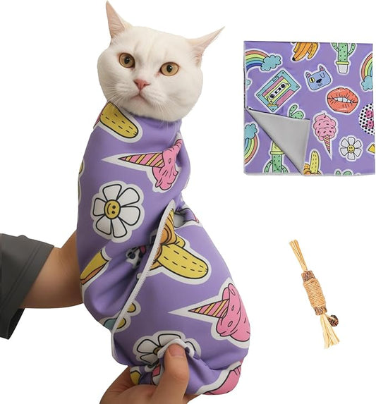 27.6" Cat Grooming Wrap,Self-Adherent Cat Wrap for Cutting Nails,Anti-Escape Cat Swaddle Wrap,Multifunctional Anti-Scratch Cat Restraint Wrap for Medicine,Nail Clipping,Ear Cleaning(Within 15lbs)-PawvioPets