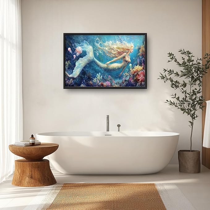 Extra Large Framed Mermaid Wall Art,Oversized Undersea Ocean Wall Decor,Colorful Coral Reefs Pictures for Living Room,Elegant Canvas Print Painting Modern Artwork Bedroom Bathroom 36L x 24W-PawvioPets