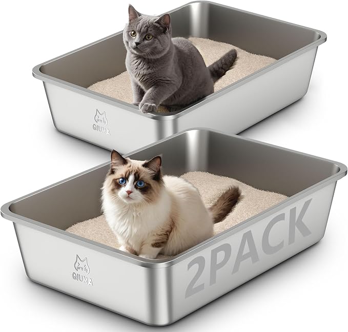 2 Pack Stainless Steel Cat Litter Box, 23.4" L×15.6" W×5.9" H, Metal Kitty Litter Box with High Sided for Big Cats, Non-Stick, Easy to Clean, Odor-Free-PawvioPets