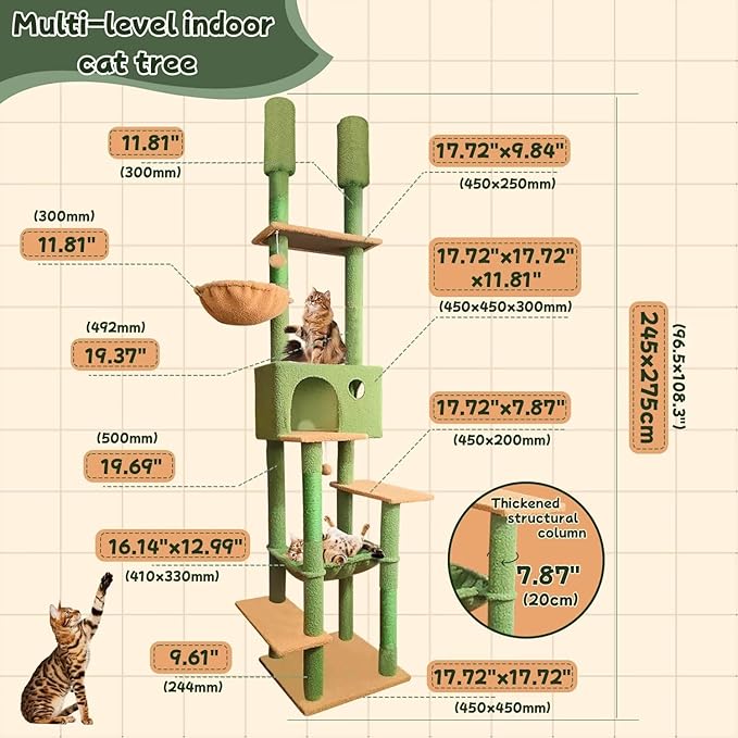 96.5"-108" Cat Tree Floor to Ceiling 7-Tier Cat Tower Adjustable Height with Scratching Posts, Cozy Hammock, Cat Condo for Indoor Cats(Green)-PawvioPets