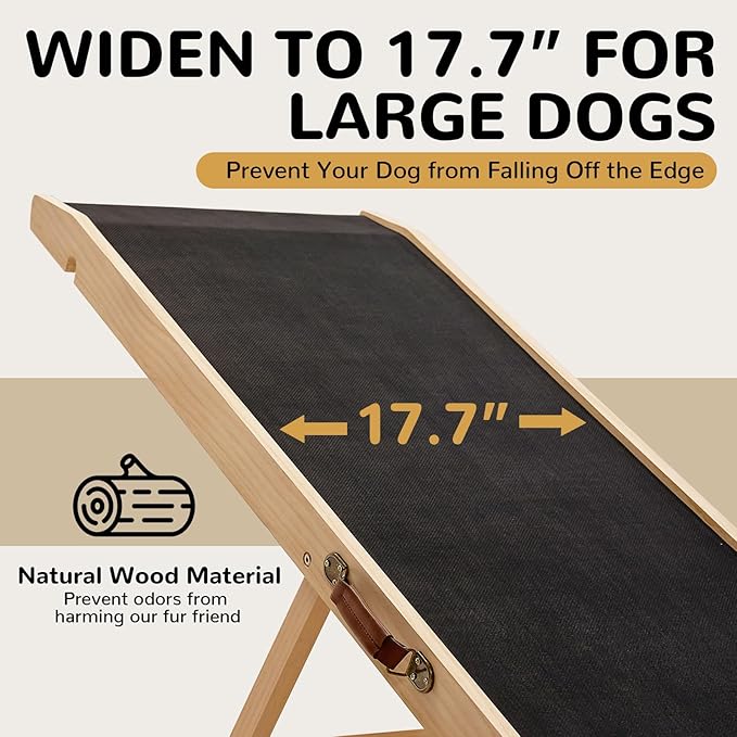 Folding Wooden Dog Ramp for Bed, Couch & Car,45IN Long- 5 Level Adjustable Pet Ramp, Non-Slip Rubber Mat, 17.7'' Extra Wide - Supports Small & Large Senior Dogs & Cats up to 200 lbs-PawvioPets