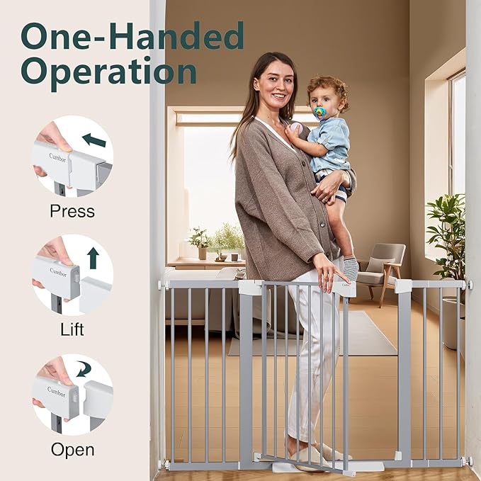 Cumbor 29.7"-51.5" Extra Wide Baby Gate for Stairs, Mom's Choice Awards Winner-Dog Gates for Doorways, Pressure Mounted Walk Through Pet Gate Indoor, Safety Auto-Close Child Gate for Kids, Gray-PawvioPets
