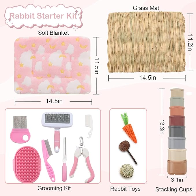 25 Pcs Large Rabbit Starter Kit, Bunny Litter Box with Drawer Animal Grooming Kit Stacking Cups Bowl Blankets Mat with Cleaning Set for Adult Guinea Pig, Ferret, Hamster, Bunnies Accessories (Pink)-PawvioPets
