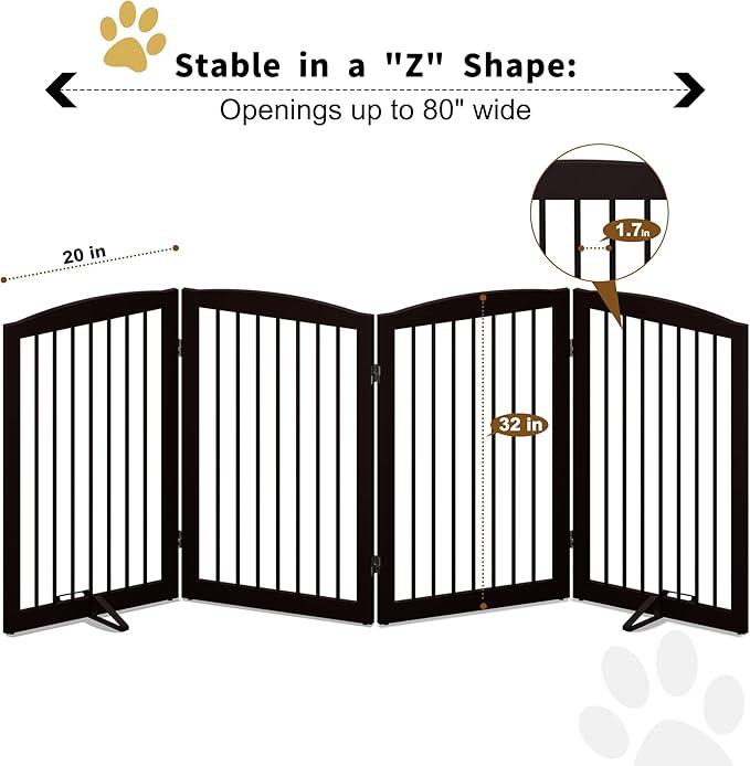Freestanding Pet Gate for Dogs, Indoor Wooden Foldable Dog Gate for House, Doorway, Stair, 80 Inch Wide, 4 Panels 32",Brown-PawvioPets