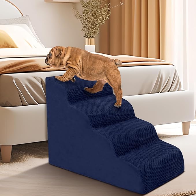 Dog Stairs for Small Dogs - High Density Foam Pet Steps, Extra Wide Dog Ramp with Non-Slip Bottom for High Beds, Couch and Sofa, Best for Dogs Injured, Older Doggy Cats, 4 Steps, Navy-PawvioPets