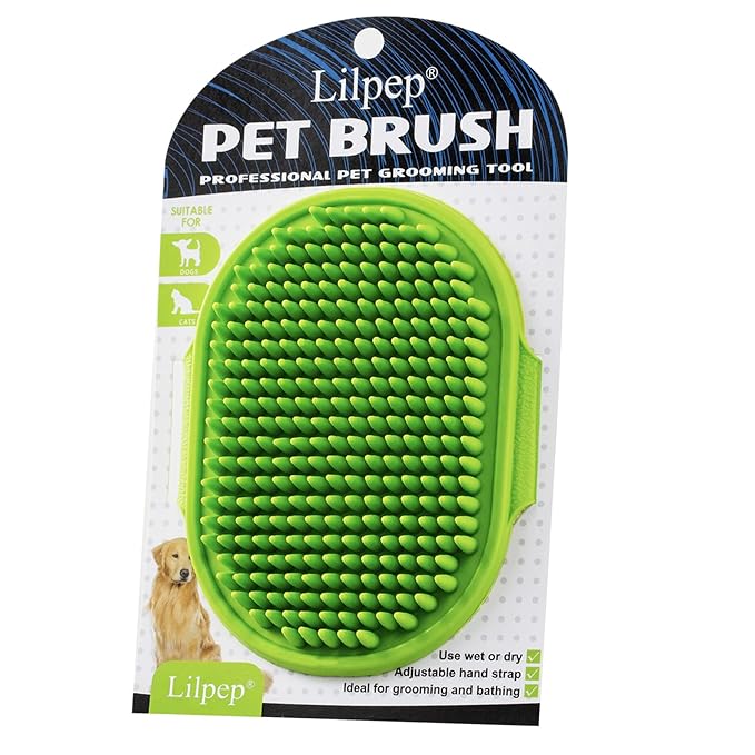 Dog Grooming Brush, Lilpep Pet Shampoo Bath Brush Soothing Massage Rubber Comb with Adjustable Ring Handle for Long Short Haired Dogs and Cats (Green, pack of 1)-PawvioPets