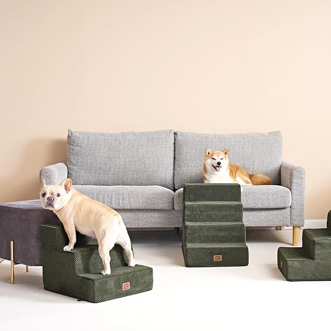 EHEYCIGA Dog Stairs for Bed 18" H, 4-Step Dog Steps for High Bed, Pet Steps for Small Dogs and Cats, Non-Slip Balanced Pet Ramp Indoor, Olive Green-PawvioPets