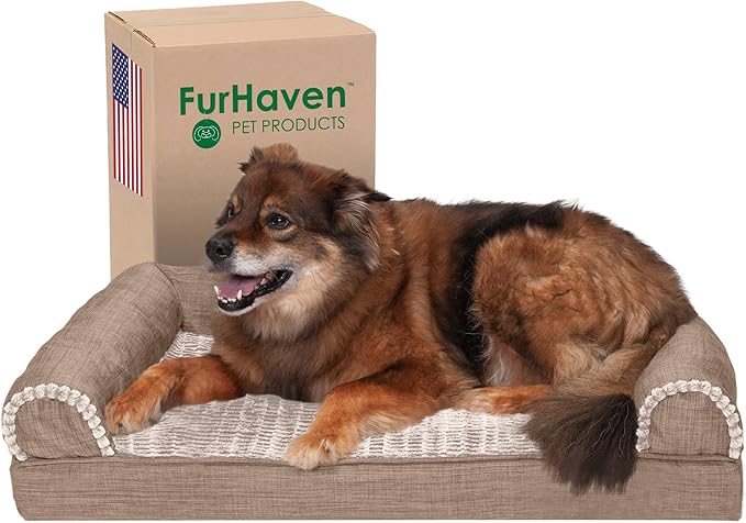 Furhaven Cooling Gel Dog Bed for Large/Medium Dogs w/ Removable Bolsters & Washable Cover, For Dogs Up to 55 lbs - Luxe Faux Fur & Performance Linen Sofa - Woodsmoke, Large-PawvioPets