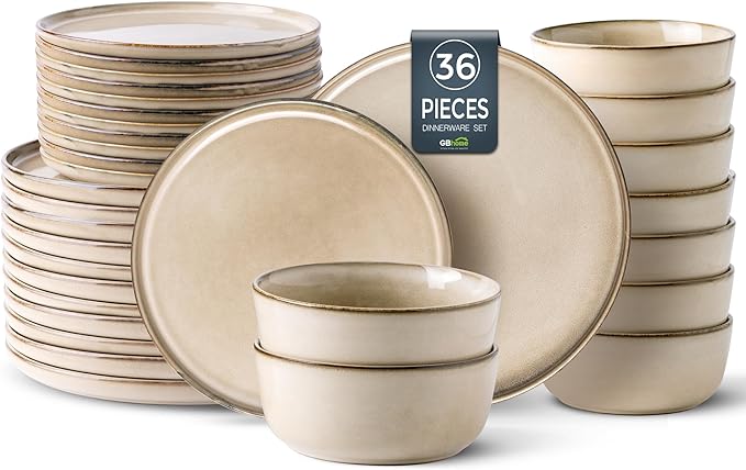 GBHOME Ceramic Dinnerware Sets for 12, 36 Pieces Stoneware Plates and Bowls Sets, Reactive Glaze Dishes -Scratch Resistant, Dishwasher&Microwave Safe-PawvioPets