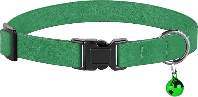 Breakaway Cat Collar Leather with Removable Bell - 13 Colors Available - Soft Adjustable Girl Boy Safety Lightweight Pet Kitten Collars Pink Brown Blue Green Red Orange Black (Green)-PawvioPets