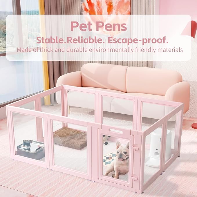 DIY Clear Acrylic Dog Playpen House,Quick Easy Assembly and Disassembly,Strong Floor Suction,Indoor and Outdoor Use,Easy Cleansing Puppy Fence (Skin Pink, 23.6" H, 12PCS)-PawvioPets