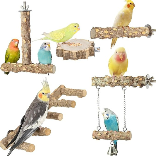 Bird Ladder Perch for Cage, Nature Wooden Bird Bridge Exercise Stands Parrot Climbing Chewing Toys for Small Animal (B)-PawvioPets