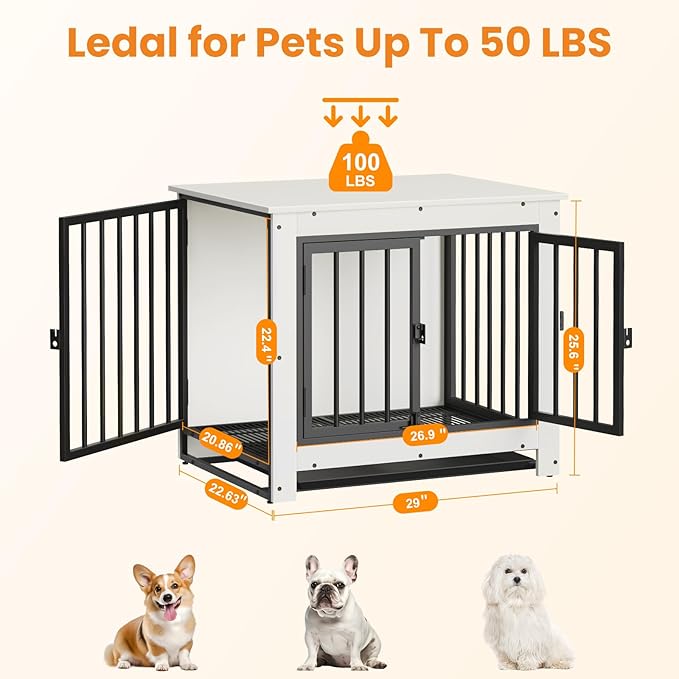 Dog Crate Furniture, Dog Crate End Table for Small and Medium Dogs,Wooden Cage Kennel Furniture Indoor, Modern Dog Crate with Multi-Purpose Removable Tray, Double-Doors Dog Furniture, White-PawvioPets