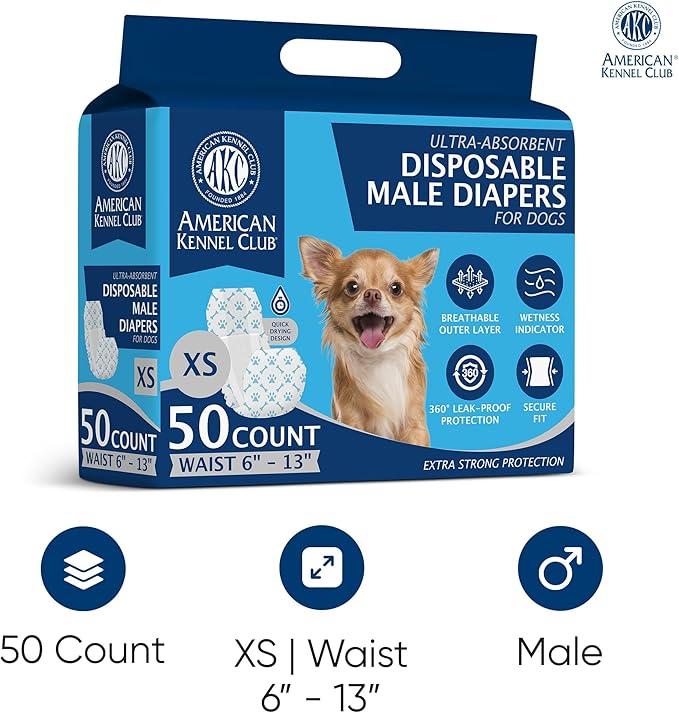American Kennel Club Male Dog Wrap, Disposable Diapers with Wetness Indicator, X-Small, 50 Count-PawvioPets
