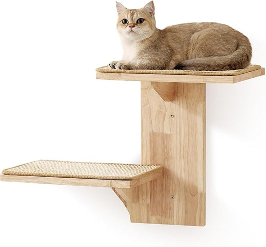FUKUMARU Cat Wall Shelves, 2 Platform Kitten Wall Furniture, Tree Shape Wall-Mounted Floating Shelf with Sisal Mat, Solid Rubber Wood Cats Perch for 16 Inch Drywall, Suitable for Climb, Play, Nap-PawvioPets