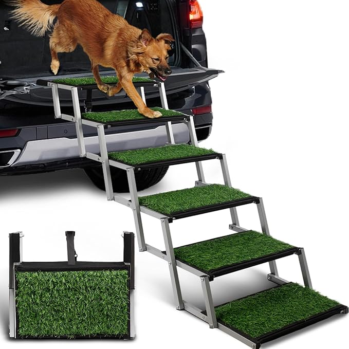 Extra Wide Dog Stairs for Car, Portable Folding Dog Ramps,Doggy Steps for Large Dogs with Non-Slip Grass Rug for Cars, SUV, Trucks, Lightweight Pet Ramp Supports Up to 200 lb, 6 Steps-PawvioPets